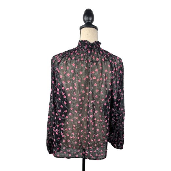 Elizabeth and James Blouse Sz M Woman’s High Neck Black Pink Floral Ribbed  Mesh - Picture 2 of 10